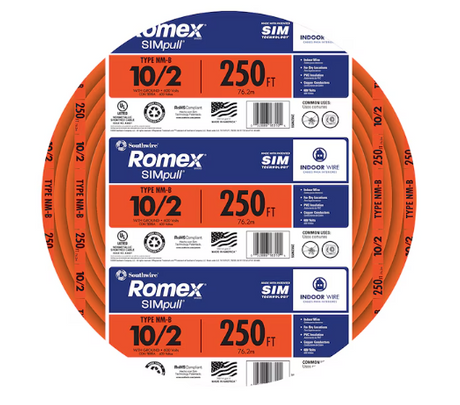 ROMEX 28829055 Southwire 250-ft 10 / 2 / Romex SIMpull Solid Indoor CU NM-B W/G Individual pack ( By-the-roll )