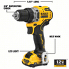 DEWALT DCD701F2 Drill Kit: 12V DC, Subcompact Premium, 3/8 in Chuck, 1,500 RPM Max., Brushless Motor, XTREME