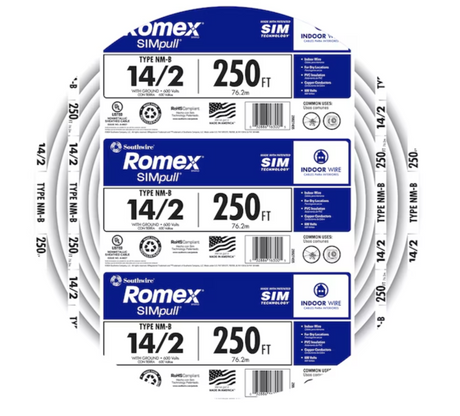 Southwire 28827469 250-ft 14 / 2 / Romex SIMpull Solid Indoor CU NM-B W/G Individual pack ( By-the-roll )