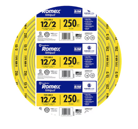 ROMEX 28828269 Southwire 250-ft 12 / 2 / Romex SIMpull Solid Indoor CU NM-B W/G Individual pack ( By-the-roll )